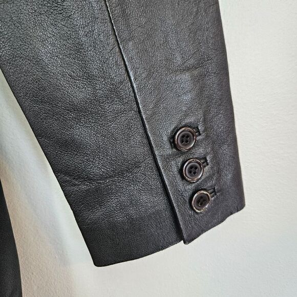 Vintage Black Leather Long Line Midi Length Button Front Duster Jacket Coat S - Picture 6 of 13